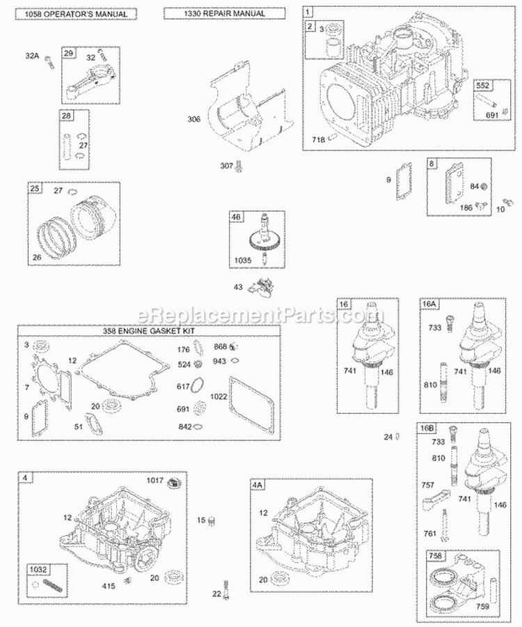 Crankshaft Sump Engine Gaskets Cylinder PistonRings Camshaft Diagram and Parts List for 28W707-0121-E1  Briggs and Stratton Engine